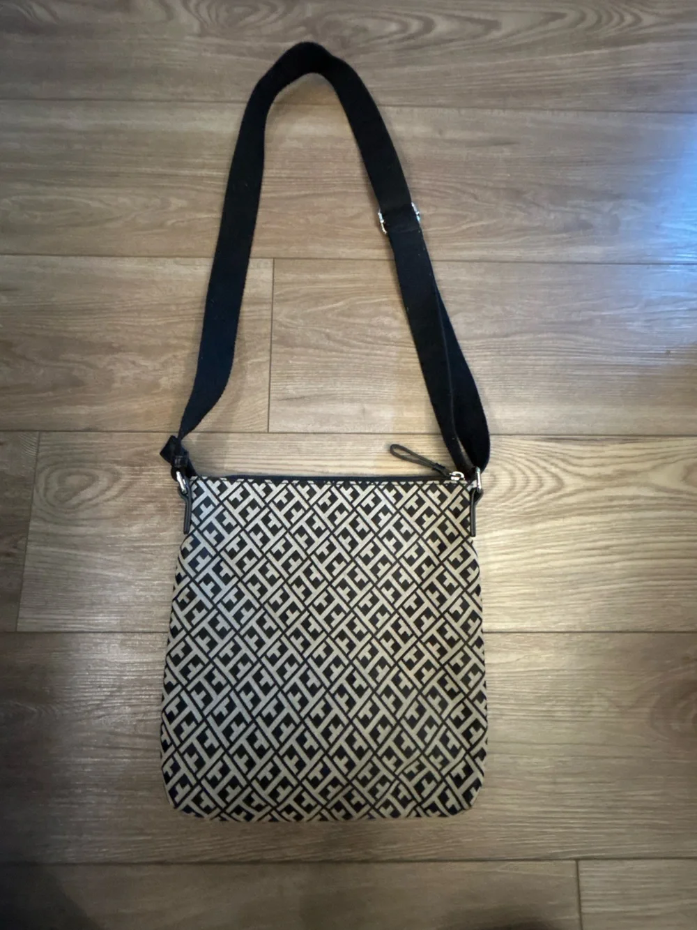 Tommy Hilfiger Monogram Crossbody Bag Black Tan Adjustable Strap